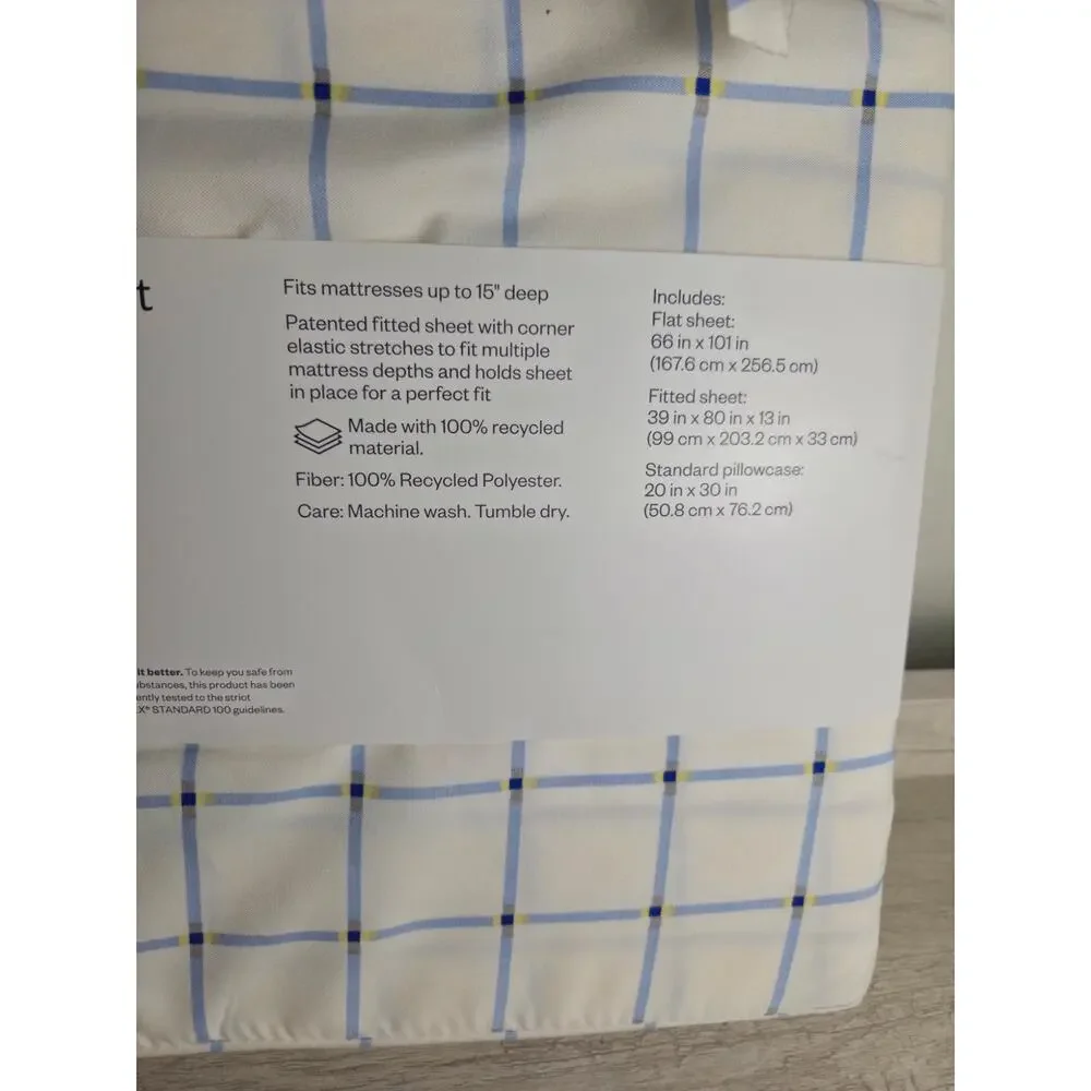 Room Essentials Microfiber Sheet Set Twin/ XL Plaid cream‎ and blue  NWT